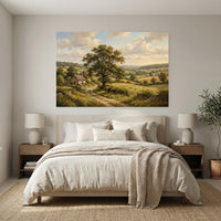 Countryside Landscape Stretched Canvas Wall Art, Cottage Meadow Print, Classic Living Room Decor