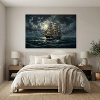Majestic Three-Masted Ship Moonlight Oil Painting Style Canvas Print Wall Art - Mockup Display 3