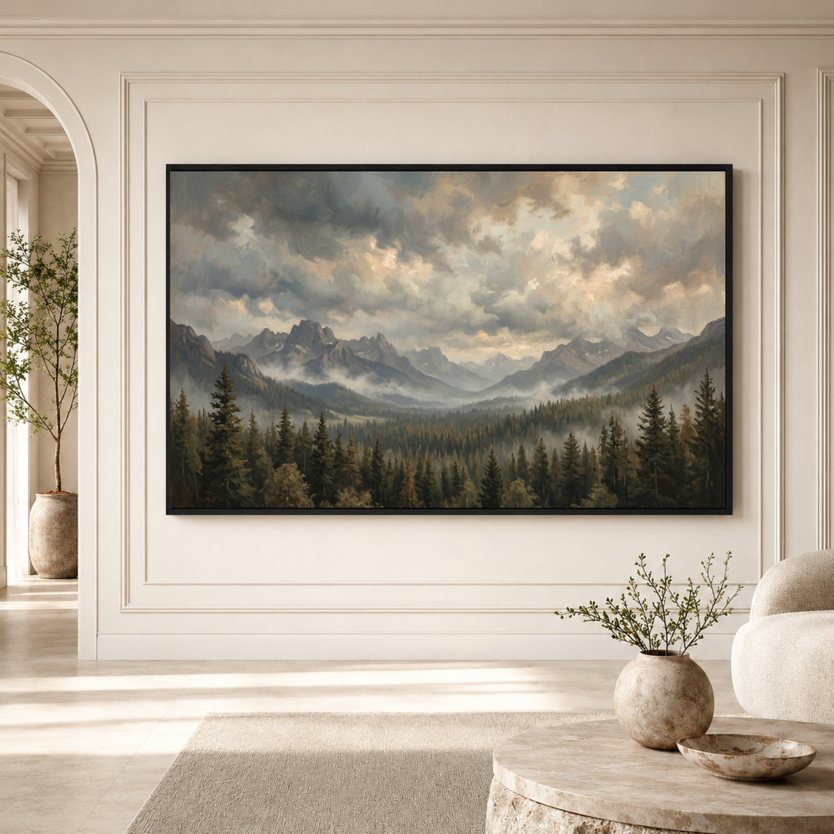 Dramatic Misty Mountain Forest Oil Painting Style Canvas Print Wall Art Decor - Mockup Display 3