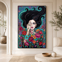 Boho Woman with Floral Tattoos Canvas Print Wall Art, Mystical Decor - Mockup Display 3