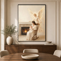 Serene Mother & Baby with Guardian Angel Oil Painting Style Canvas Print Wall Art - Mockup Display 3