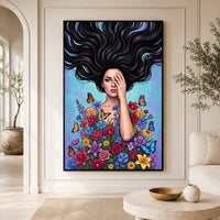 Vibrant Pop Art Woman with Flowers & Butterflies Canvas Print Wall Art Décor - Mockup Display 3
