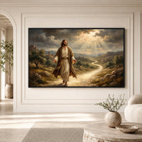 Jesus Walking Path Oil Painting Style Canvas Print Wall Art, Divine Light - Mockup Display 3