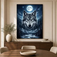 Mystical Blue-Eyed Wolf & Winter Moonlight Forest Canvas Print Wall Art Decor - Mockup Display 3
