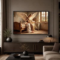 Guardian Angel & Child Praying Oil Painting Style Canvas Print Wall Art, Divine Grace - Mockup Display 3