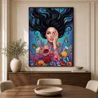 Vibrant Woman with Flowing Hair and Flowers Canvas Print Wall Art, Enchanting Decor - Mockup Display 3