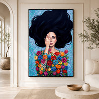Vibrant Floral Woman Oil Painting Style Canvas Print Wall Art, Expressive Decor - Mockup Display 3
