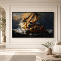 Rembrandt's Storm Sea Galilee Oil Painting Style Canvas Print Wall Art, Museum Quality - Mockup Display 3