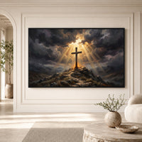 Dramatic Cross on Hill Oil Painting Style Canvas Print Wall Art, Spiritual Light - Mockup Display 3