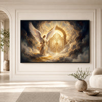 Radiant Angel at Golden Gates Divine Fantasy Canvas Print Wall Art, Heavenly Decor - Mockup Display 3