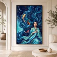 Mystical Asian Woman Koi Fish Oil Painting Style Canvas Print Wall Art, Elegant Decor - Mockup Display 3