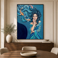 Mystical Woman & Koi Fish Oil Painting Style Canvas Print Wall Art, Serene Decor - Mockup Display 3