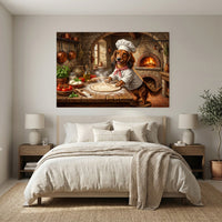 Dachshund Chef Making Pizza Oil Painting Style Canvas Print Wall Art for Kitchen - Mockup Display 3