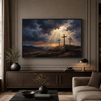 Three Crosses Hill Oil Painting Style Canvas Print Wall Art, Dramatic Scene - Mockup Display 3