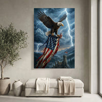 Majestic Bald Eagle & Tattered American Flag Stormy Sky Patriotic Canvas Print Wall Art - Mockup Display 3