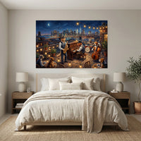 Rooftop Jazz Dogs NYC Skyline Oil Painting Style Canvas Print Wall Art for Urban Decor - Mockup Display 3