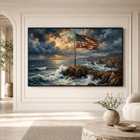 Dramatic American Flag on Rocky Coast Oil Painting Style Canvas Print Wall Art - Mockup Display 3