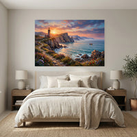 Vibrant Coastal Sunset Lighthouse Oil Painting Style Canvas Print Wall Art, Serene - Mockup Display 3