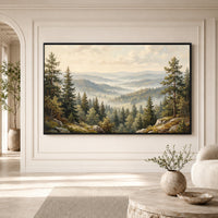 Misty Forest Landscape Oil Painting Style Canvas Print Wall Art, Serene Hills - Mockup Display 3