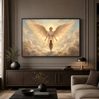 Serene Angel and Child Oil Painting Style Canvas Print Wall Art, Inspiring Divine Glow - Mockup Display 3