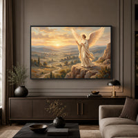 Majestic Angel Sunset Oil Painting Style Canvas Print Wall Art for Serene Home Decor - Mockup Display 3