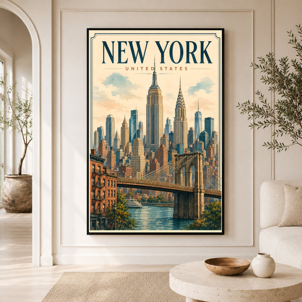 New York City Vintage Illustration Skyline Brooklyn Bridge Canvas Print Wall Art, Iconic - Mockup Display 2