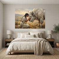Native American Woman White Buffalo Oil Painting Style Canvas Print Wall Art, Spiritual Decor - Mockup Display 3