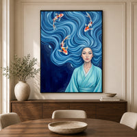 Serene Asian Woman with Flowing Blue Hair & Koi Fish Canvas Print Wall Art - Mockup Display 3