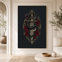 Gothic Snake & Skull Sword with Red Roses Illustrative Canvas Print Wall Art, Dark Fantasy Decor - Mockup Display 3