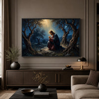 Jesus in Gethsemane Oil Painting Style Canvas Print Wall Art, Divine Light - Mockup Display 3