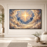 Radiant Cross in Divine Clouds Oil Painting Style Canvas Print Wall Art, Spiritual Decor - Mockup Display 3