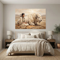 Native American Woman White Buffalo Oil Painting Style Canvas Print Wall Art, Serene Decor - Mockup Display 3