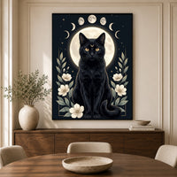 Mystical Black Cat Moon Phases Celestial Canvas Print Wall Art, Elegant Home Decor - Mockup Display 3