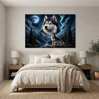 Majestic Husky Dog Oil Painting Style Moonlight Aurora Canvas Print Wall Art - Mockup Display 3