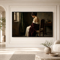 Contemplative Woman in Red Shawl, Classical Oil Painting Style Canvas Print Wall Art, Elegant. - Mockup Display 3