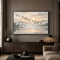 Serene Cranes Flying Oil Painting Style Canvas Print Wall Art for Tranquil Decor - Mockup Display 3