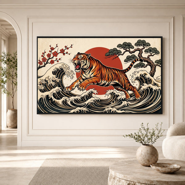 Dynamic Japanese Ukiyo-e Tiger Waves & Sun Canvas Print Wall Art, Zen Decor - Mockup Display 3