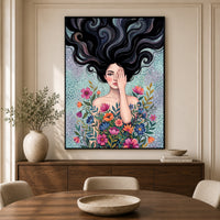Mystical Woman with Vibrant Flowers Artistic Canvas Print Wall Art, Dreamy Portrait - Mockup Display 3