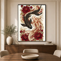Yin Yang Koi Fish Peony Japanese Art Style Canvas Print Wall Art, Elegant Decor - Mockup Display 3