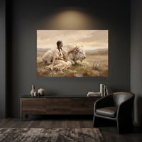 Native American Woman & White Buffalo Oil Painting Style Canvas Print Wall Art, Serene Landscape - Mockup Display 3