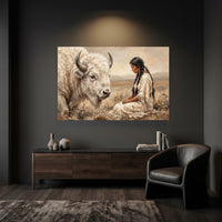 Native American Woman & White Bison Oil Painting Style Canvas Print Wall Art, Majestic - Mockup Display 3