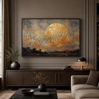 Flock of Birds Full Moon Landscape Oil Painting Style Canvas Print Wall Art for Home - Mockup Display 3