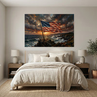 Patriotic American Flag Coastal Sunset Oil Painting Style Canvas Print Wall Art Decor - Mockup Display 3