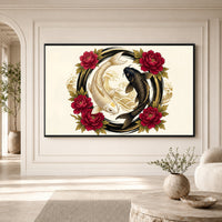 Golden and Black Koi Fish Peony Japanese Art Style Canvas Print Wall Art Decor - Mockup Display 3
