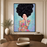 Woman with Flowing Hair & Floral Body Art Canvas Print Wall Art, Bohemian Decor - Mockup Display 3