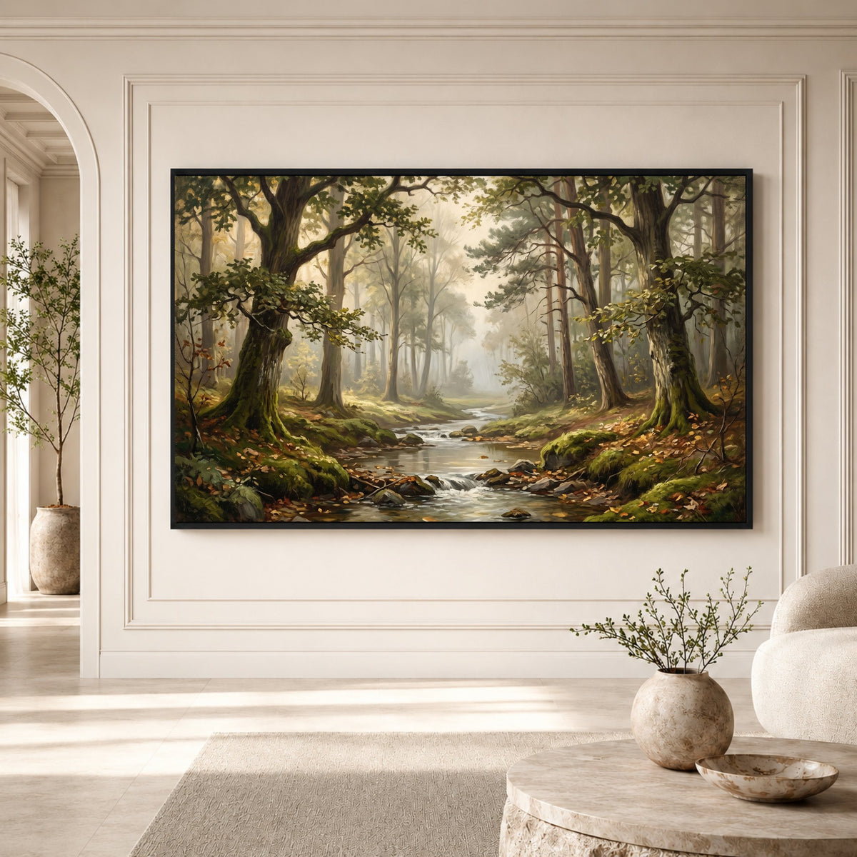 Serene Misty Forest Stream Realistic Canvas Print Wall Art, Nature Landscape Decor - Mockup Display 3