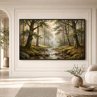 Serene Misty Forest Stream Realistic Canvas Print Wall Art, Nature Landscape Decor - Mockup Display 3