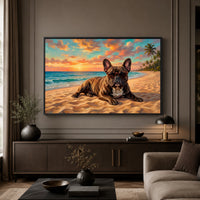 Cool French Bulldog Sunset Beach Oil Painting Style Canvas Print Wall Art for Dog Lovers - Mockup Display 3
