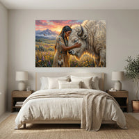 Native Woman & White Bison Oil Painting Style Canvas Print Wall Art, Spiritual Serenity - Mockup Display 3