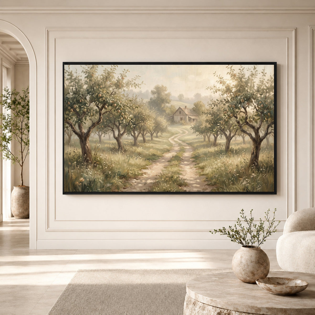 Misty Orchard Path Oil Painting Style Canvas Print Wall Art, Serene Landscape - Mockup Display 3
